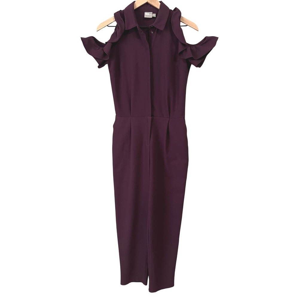 ASOS Jumpsuit Women 2 Plum Ruffle Cold Shoulder Tapered Crop Party